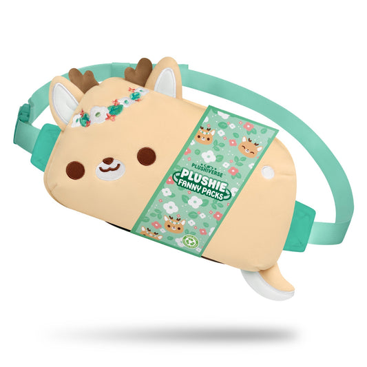 Stuffed animal-themed fanny pack shaped like a cartoon reindeer with a beige body, floral headpiece, teal straps, and smiling face. The package tag reads 