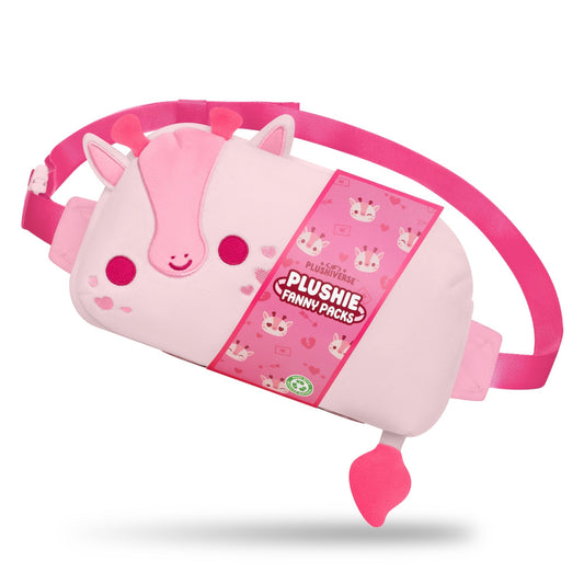 Pink plush fanny pack in the shape of an animal with ears and a tail, featuring a buckled pink strap. The tag reads 