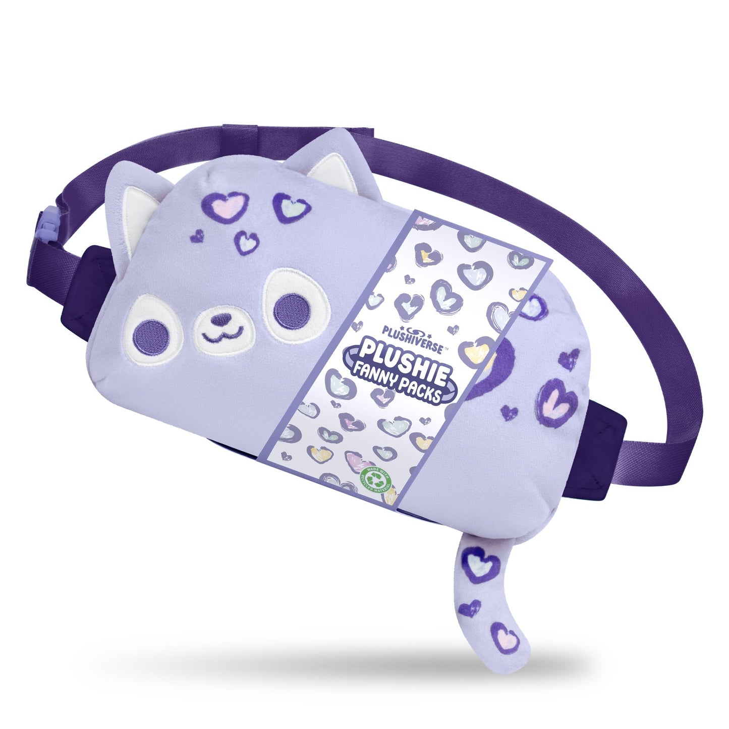 A purple cat-shaped fanny pack with heart designs, cat ears, and a tail. Labeled "Plushiverse A Spot in My Heart Leopard Plushie Fanny Pack," it features an adjustable belt for hands-free functionality and comfort by TeeTurtle.