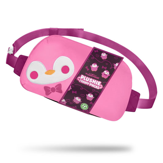 A pink and purple fanny pack with a plush penguin face design, featuring an adjustable belt for a perfect fit and hands-free functionality. The labeled tag reads 