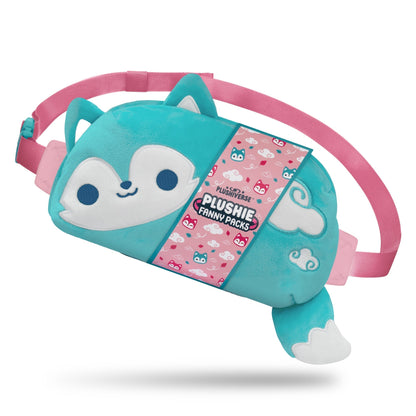 The TeeTurtle Plushiverse Fair Weather Wolf Plushie Fanny Pack in teal and white features a smiling face, large eyes, and an attached tail. Designed with hands-free functionality, it has a pink strap that doubles as an adjustable belt for convenience.