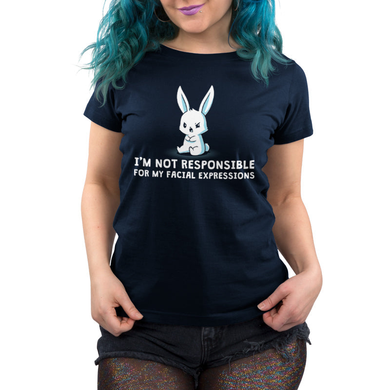 Premium Cotton T-shirt_Cartoon bunny with a grumpy face sits with crossed arms on this super soft cotton apparel, text below reads "I'M NOT RESPONSIBLE FOR MY FACIAL EXPRESSIONS." The I'm Not Responsible For My Facial Expressions by monsterdigital.