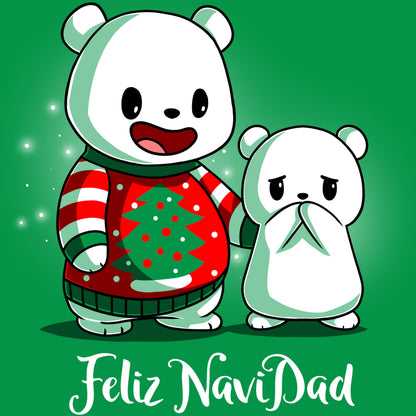 Premium Cotton T-shirt_TeeTurtle Feliz NaviDAD apple t-shirt featuring two polar bears standing together with a holiday pun underneath, one a dad in a Christmas sweater and the other an embarrassed cub.