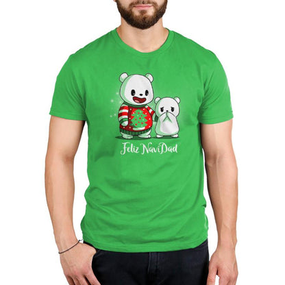 Premium Cotton T-shirt_TeeTurtle Feliz NaviDAD apple t-shirt featuring two polar bears standing together with a holiday pun underneath, one a dad in a Christmas sweater and the other an embarrassed cub.