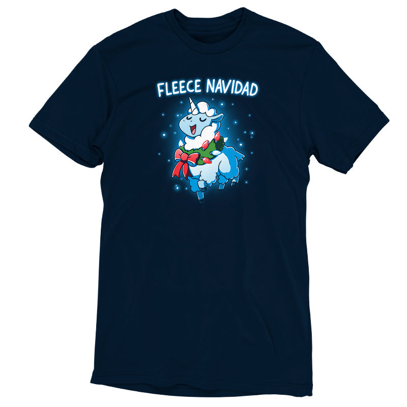 Premium Cotton T-shirt_TeeTurtle Fleece Navidad navy t-shirt featuring a sheep decorated with Christmas lights and a wreath, with the text "Fleece Navidad" above it.