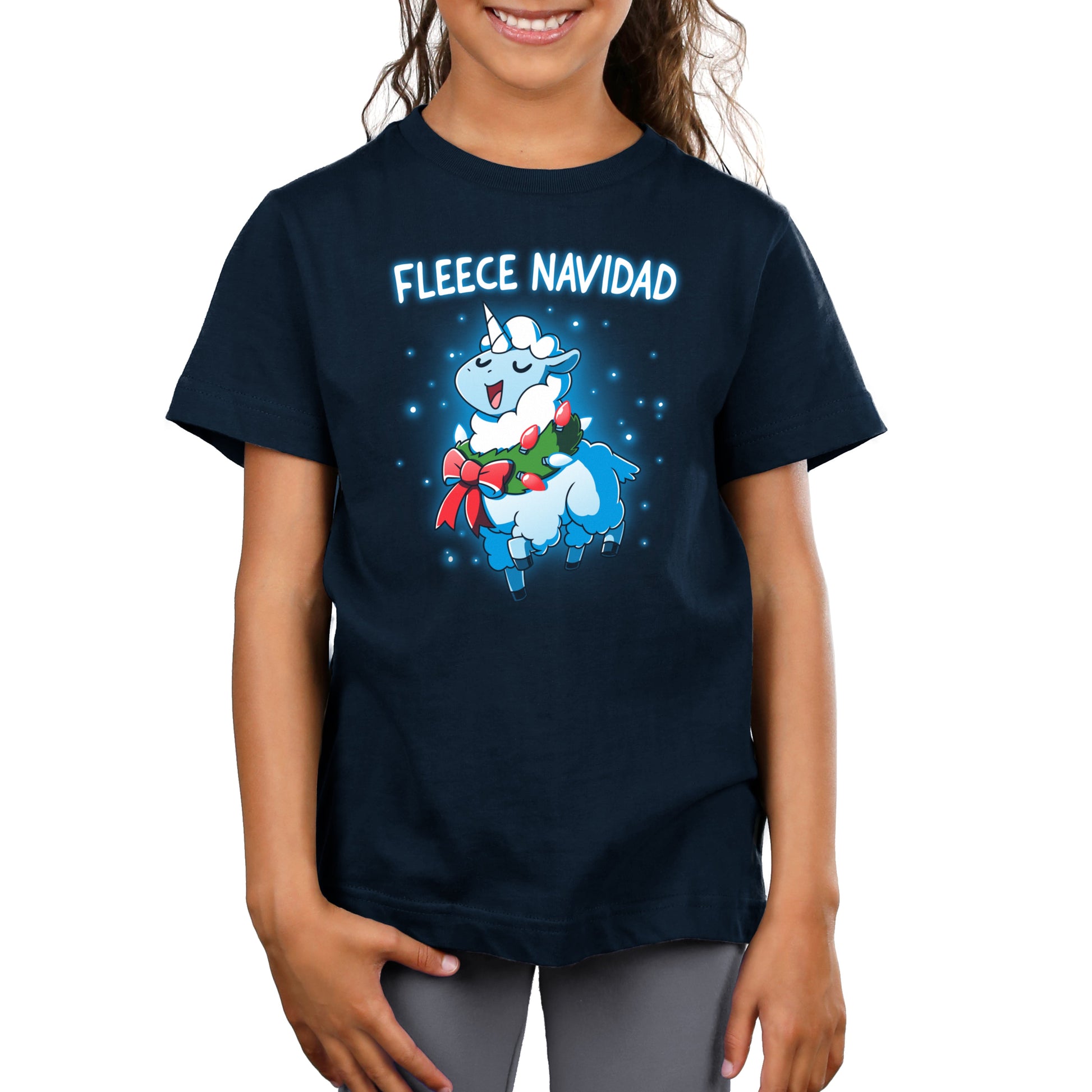 Premium Cotton T-shirt_TeeTurtle Fleece Navidad navy t-shirt featuring a sheep decorated with Christmas lights and a wreath, with the text "Fleece Navidad" above it.