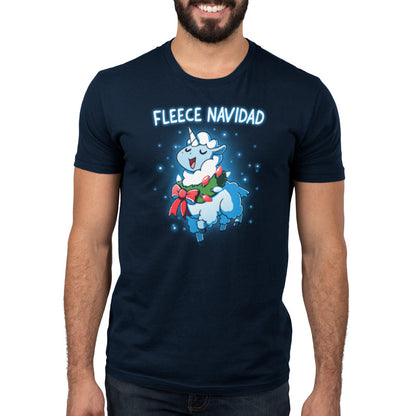 Premium Cotton T-shirt_TeeTurtle Fleece Navidad navy t-shirt featuring a sheep decorated with Christmas lights and a wreath, with the text "Fleece Navidad" above it.