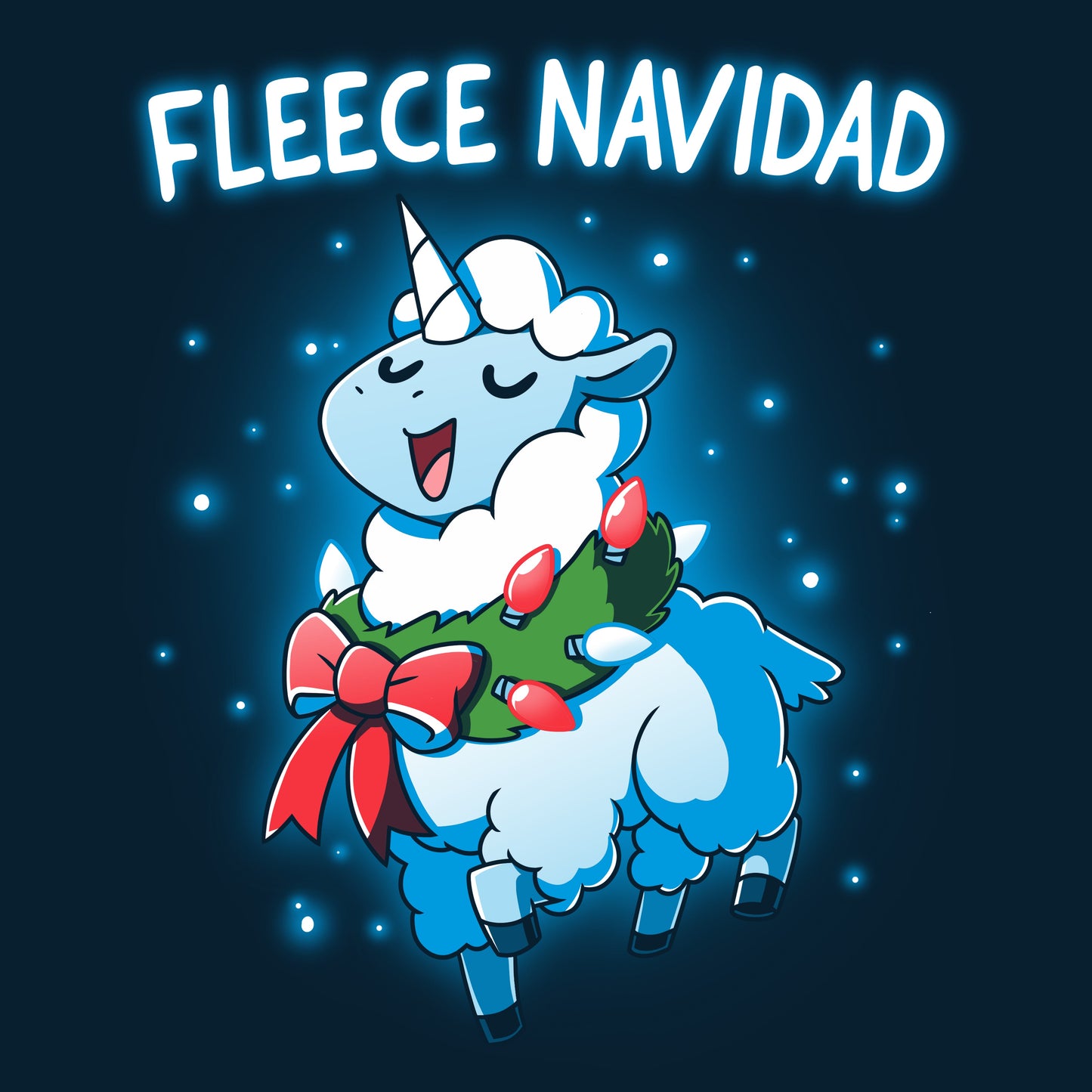 Premium Cotton T-shirt_TeeTurtle Fleece Navidad navy t-shirt featuring a sheep decorated with Christmas lights and a wreath, with the text "Fleece Navidad" above it.