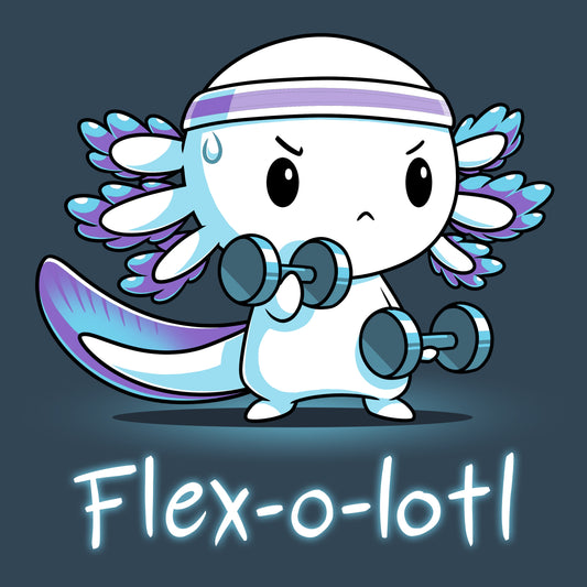 Premium Cotton T-shirt_TeeTurtle Flex-o-lotl denim t-shirt featuring an axolotl wearing a sweatband and exercising lifting weights and a pun underneath.