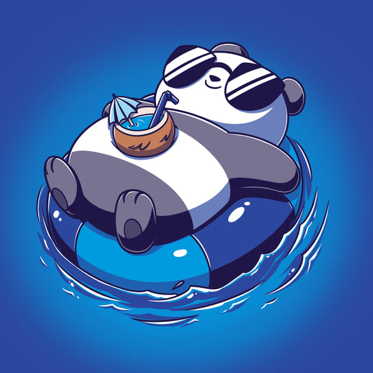 Premium Cotton T-shirt_Teeturtle Float Panda Royal Blue featuring a chill Panda in sunglasses relaxing on an innertube with a tropical drink and living their best life.