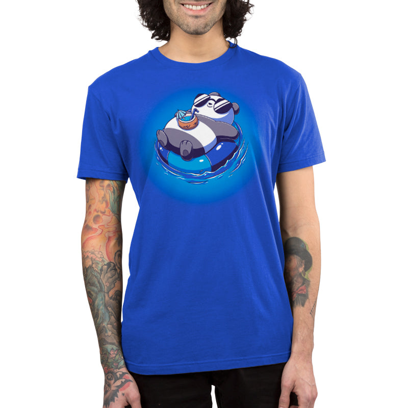 Premium Cotton T-shirt_Teeturtle Float Panda Royal Blue Featuring a chill Panda in sunglasses relaxing on an innertube with a tropical drink and living their best life.