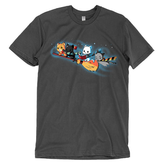 Premium Cotton T-shirt_TeeTurtle Flying House Cats charcoal gray t-shirt featuring a group of four cats wearing striped scarves, riding a magical broom while one is reading.