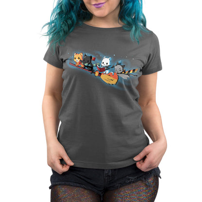 Premium Cotton T-shirt_TeeTurtle Flying House Cats charcoal gray t-shirt featuring a group of four cats wearing striped scarves, riding a magical broom while one is reading.