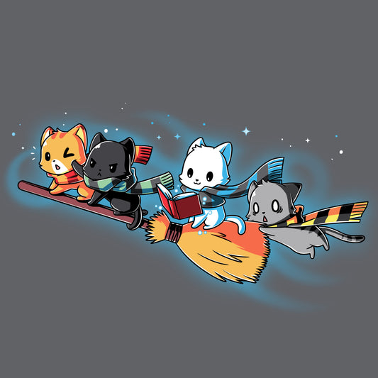 Premium Cotton T-shirt_TeeTurtle Flying House Cats charcoal gray t-shirt featuring a group of four cats wearing striped scarves, riding a magical broom while one is reading.