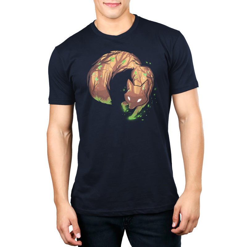 Premium Cotton T-shirt_Illustrated fox with tree bark texture and green leaves on its body, bending in a circular shape against a dark background with glowing green particles on a super soft ringspun cotton Forest Fox apparel by monsterdigital.