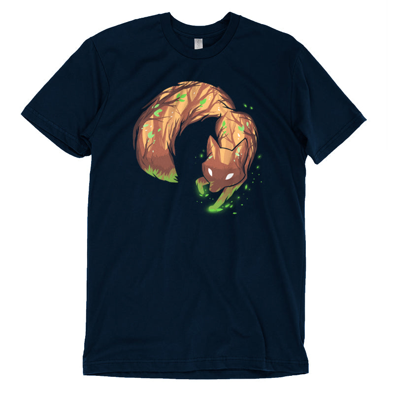 Premium Cotton T-shirt_Illustrated fox with tree bark texture and green leaves on its body, bending in a circular shape against a dark background with glowing green particles on a super soft ringspun cotton Forest Fox apparel by monsterdigital.