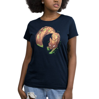 Premium Cotton T-shirt_Illustrated fox with tree bark texture and green leaves on its body, bending in a circular shape against a dark background with glowing green particles on a super soft ringspun cotton Forest Fox apparel by monsterdigital.