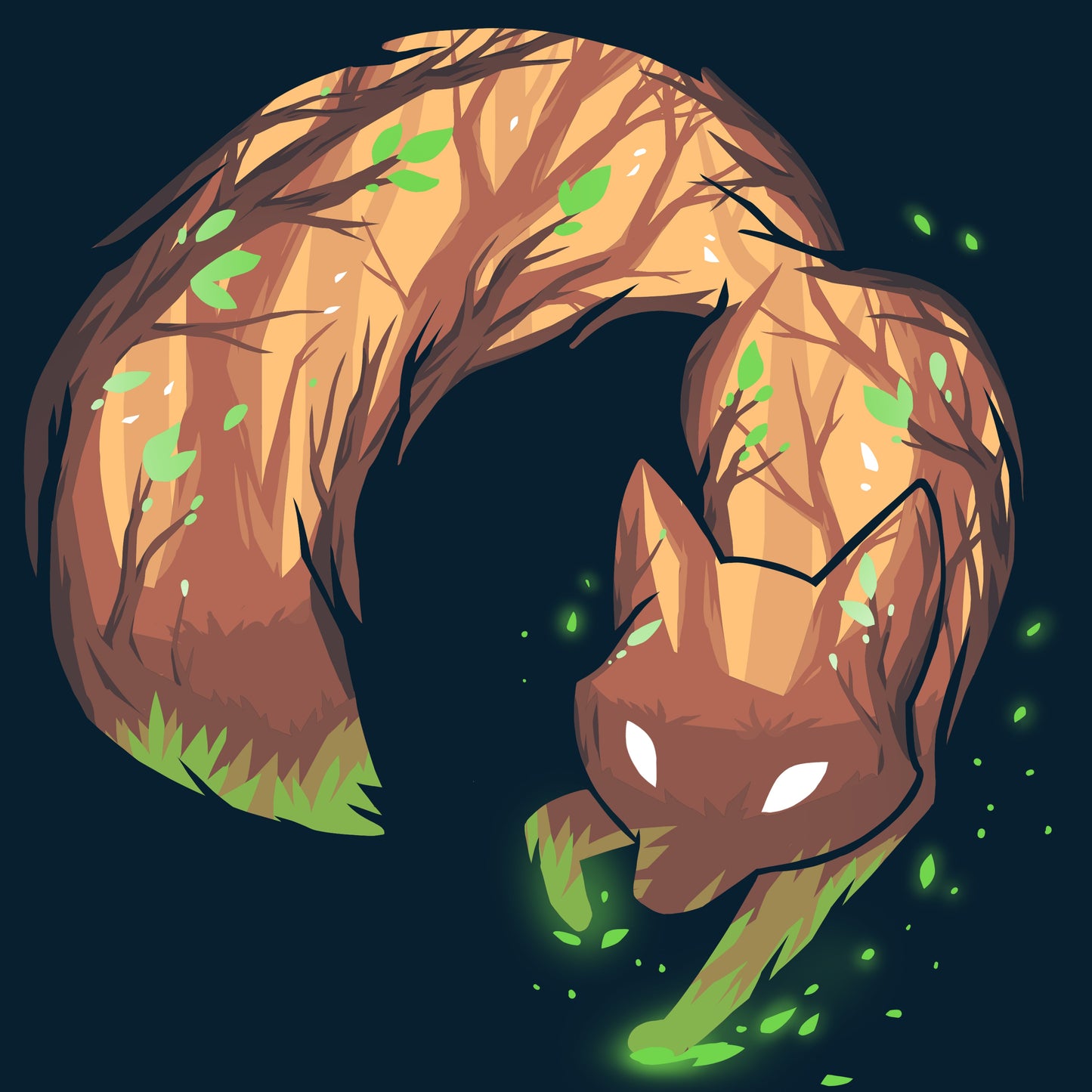 Premium Cotton T-shirt_Illustrated fox with tree bark texture and green leaves on its body, bending in a circular shape against a dark background with glowing green particles on a super soft ringspun cotton Forest Fox apparel by monsterdigital.