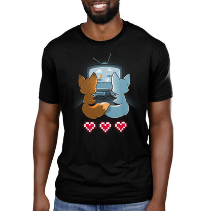 Premium Cotton T-shirt_TeeTurtle Fur the Love of Gaming black t-shirt featuring two foxes playing video games in front of a television.