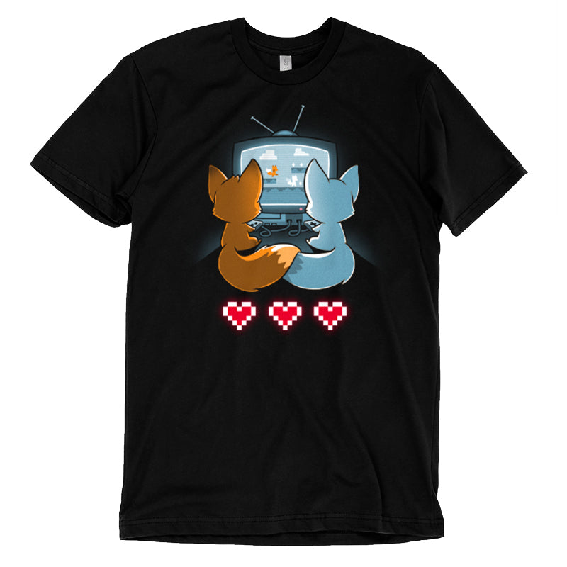 Premium Cotton T-shirt_TeeTurtle Fur the Love of Gaming black t-shirt featuring two foxes playing video games in front of a television.