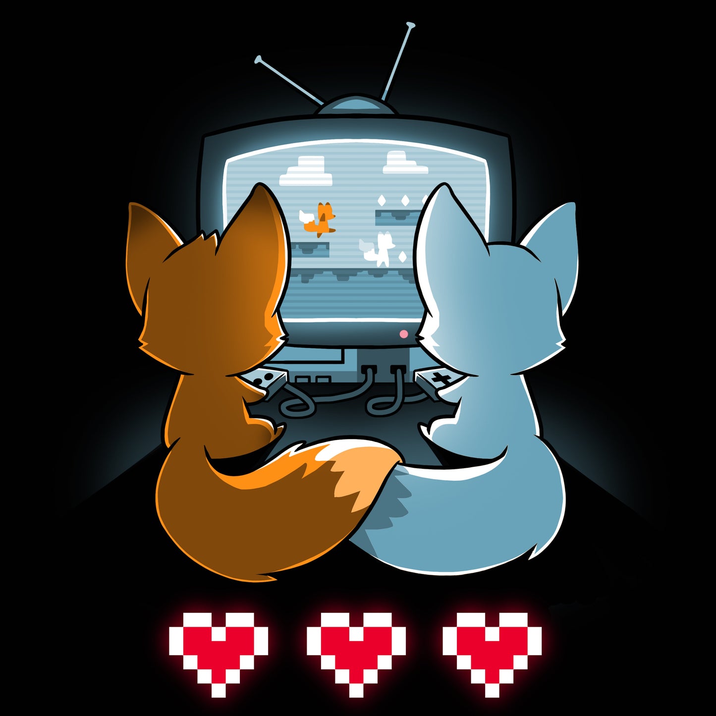 Premium Cotton T-shirt_TeeTurtle Fur the Love of Gaming black t-shirt featuring two foxes playing video games in front of a television.