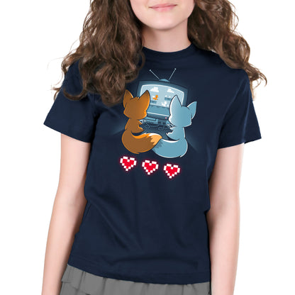 Premium Cotton T-shirt_TeeTurtle Fur the Love of Gaming black t-shirt featuring two foxes playing video games in front of a television.