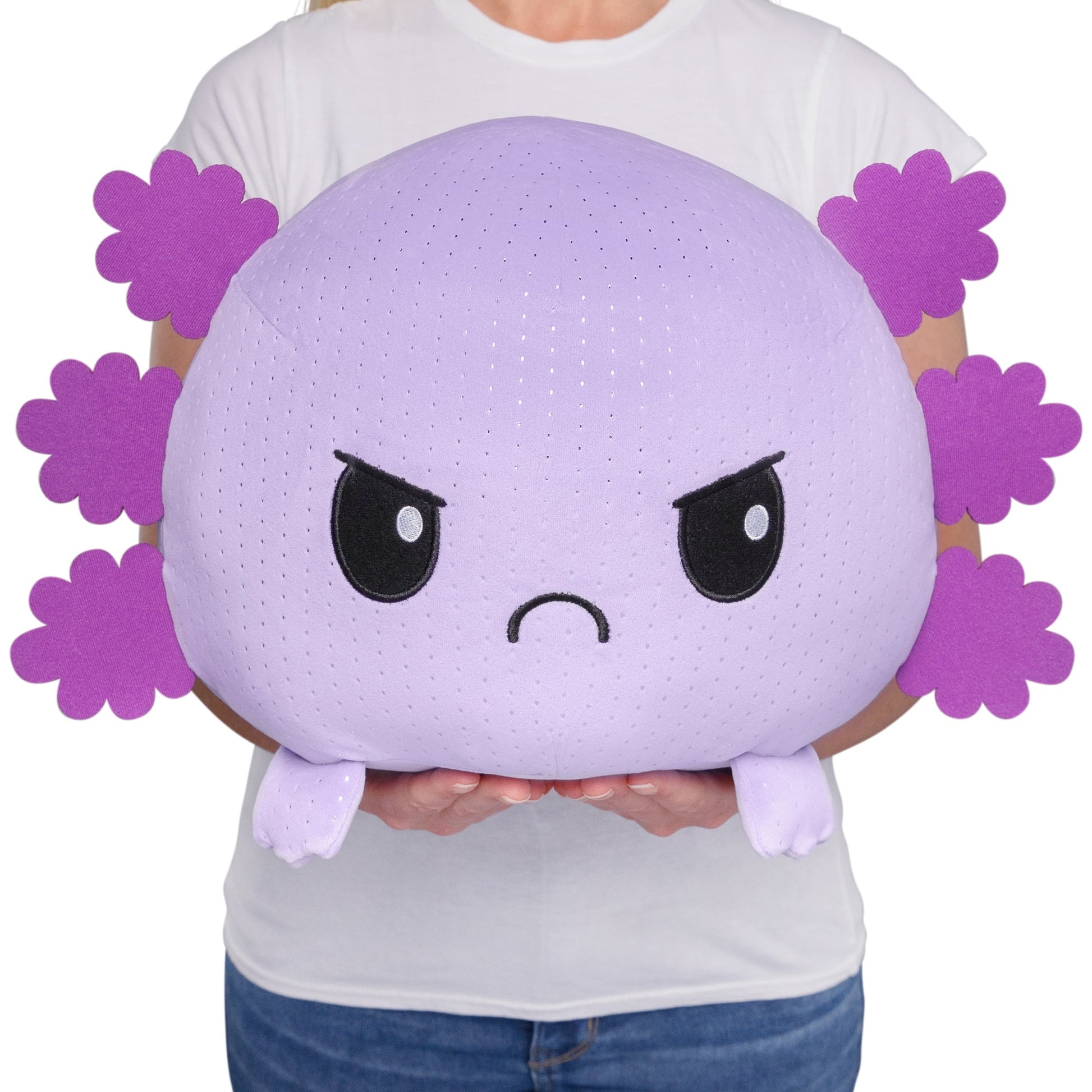 A woman cuddling a Giant Moody Axolotl Plushie with purple eyes by TeeTurtle.