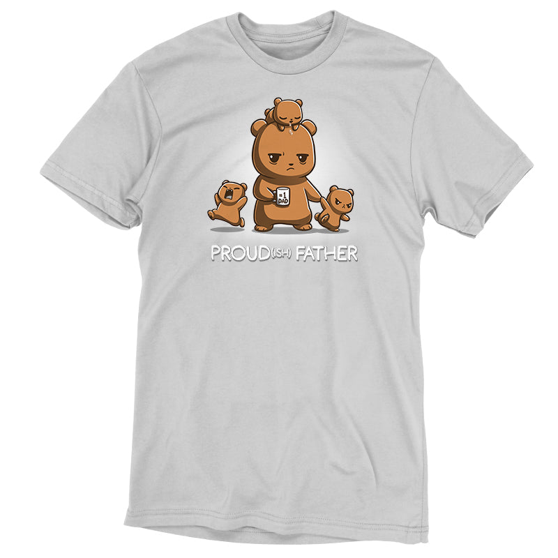 Premium Cotton T-shirt - A light gray apparel made of super soft ringspun cotton, featuring a cartoon bear holding a coffee mug, surrounded by three small bear cubs, with the text "PROUD(ISH) FATHER" written below. This is the Proud(ish) Father by monsterdigital.