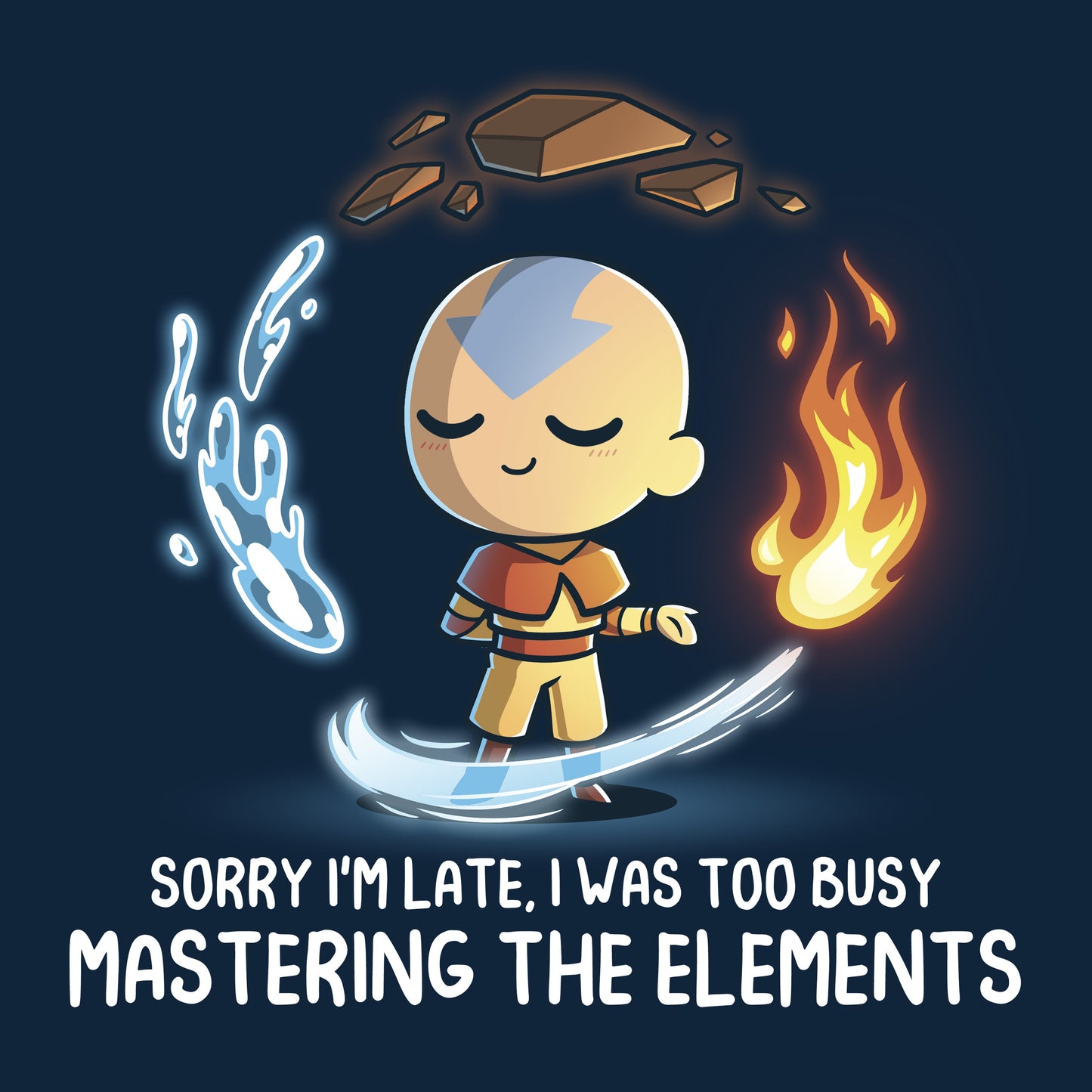 Classic Cotton T-shirt_TeeTurtle navy blue Busy Mastering The Elements apparel featuring Aang from Avatar: The Last Airbender surrounded by levitating water, earth, fire, and air.