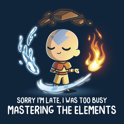 Classic Cotton T-shirt_TeeTurtle navy blue Busy Mastering The Elements apparel featuring Aang from Avatar: The Last Airbender surrounded by levitating water, earth, fire, and air.