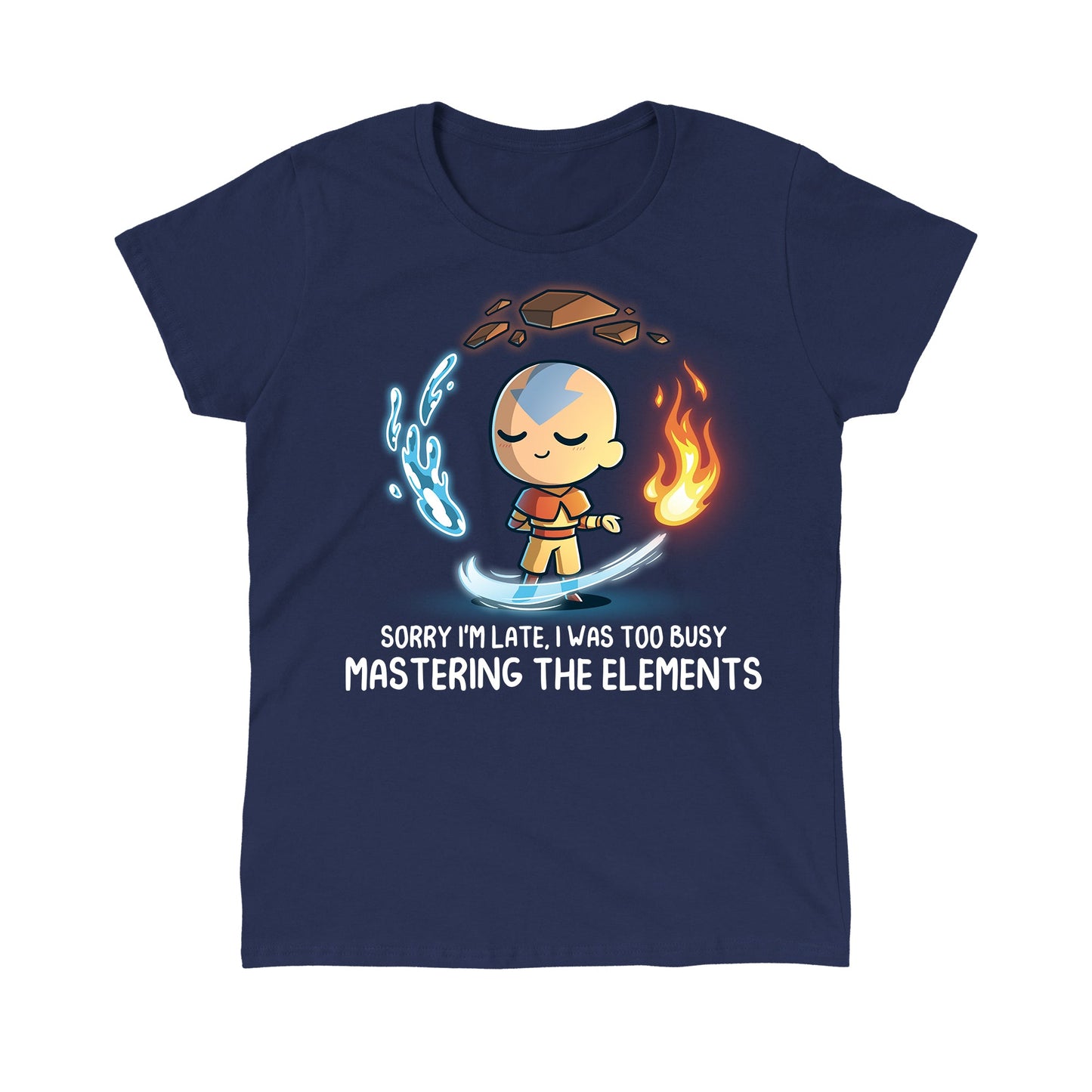 Classic Cotton T-shirt_TeeTurtle navy blue Busy Mastering The Elements apparel featuring Aang from Avatar: The Last Airbender surrounded by levitating water, earth, fire, and air.