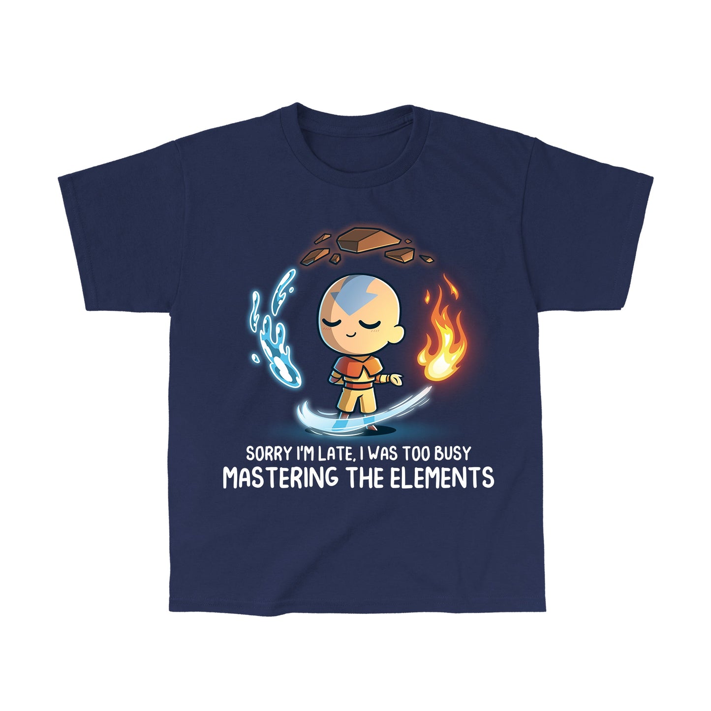 Classic Cotton T-shirt_TeeTurtle navy blue Busy Mastering The Elements apparel featuring Aang from Avatar: The Last Airbender surrounded by levitating water, earth, fire, and air.