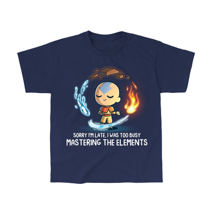 Classic Cotton T-shirt_TeeTurtle navy blue Busy Mastering The Elements apparel featuring Aang from Avatar: The Last Airbender surrounded by levitating water, earth, fire, and air.