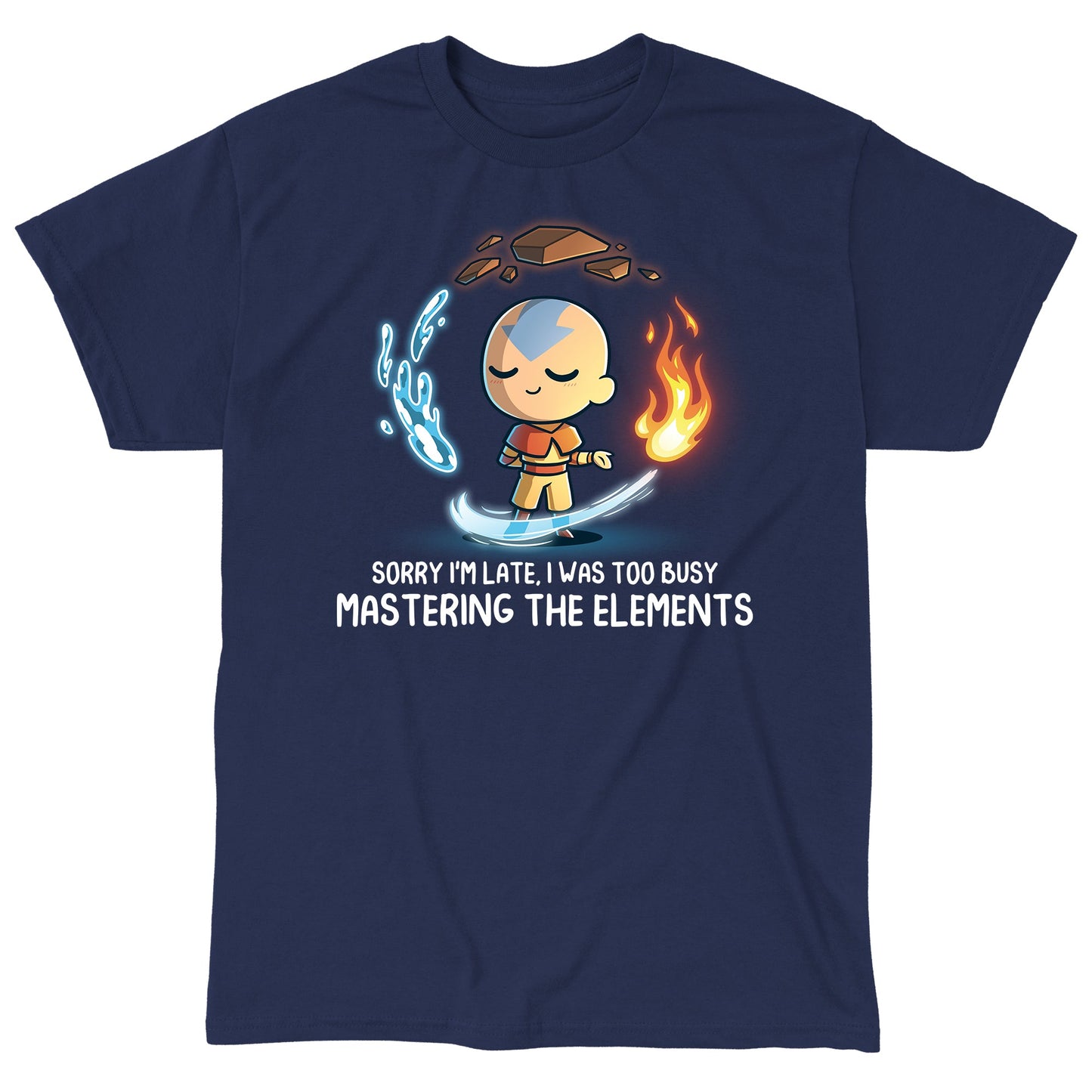 Classic Cotton T-shirt_TeeTurtle navy blue Busy Mastering The Elements apparel featuring Aang from Avatar: The Last Airbender surrounded by levitating water, earth, fire, and air.