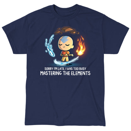 Classic Cotton T-shirt_TeeTurtle navy blue Busy Mastering The Elements apparel featuring Aang from Avatar: The Last Airbender surrounded by levitating water, earth, fire, and air.