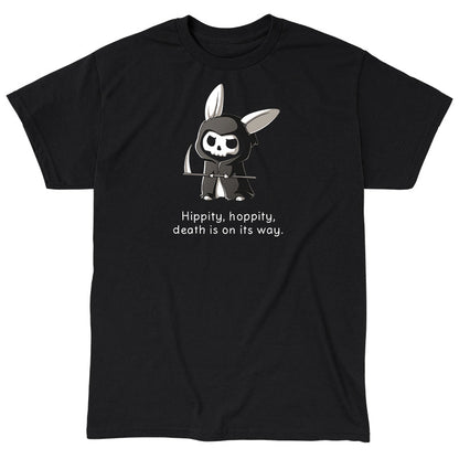 Classic Cotton T-shirt_Teeturtle Grim Bunny (Glow) Black Featuring a hooded, Grim Reaper-looking bunny with a skull face and a scythe with 'Hippity, hoppity, death is on its way.' written beneath.