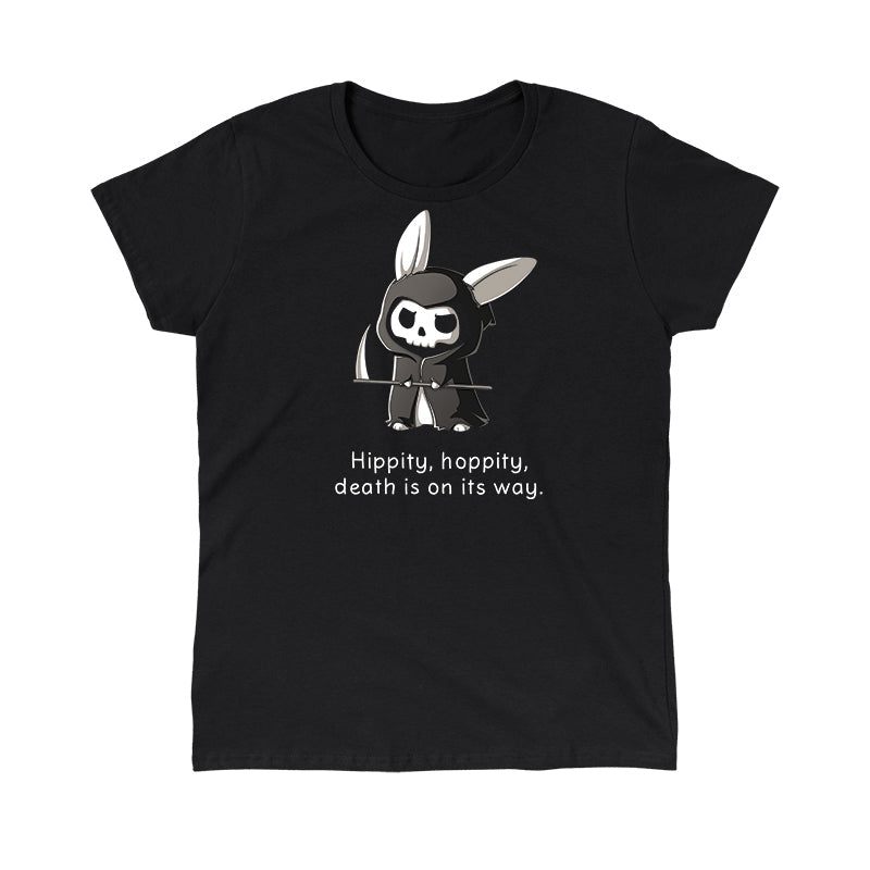 Classic Cotton T-shirt_Teeturtle Grim Bunny (Glow) Black Featuring a hooded, Grim Reaper-looking bunny with a skull face and a scythe with 'Hippity, hoppity, death is on its way.' written beneath.