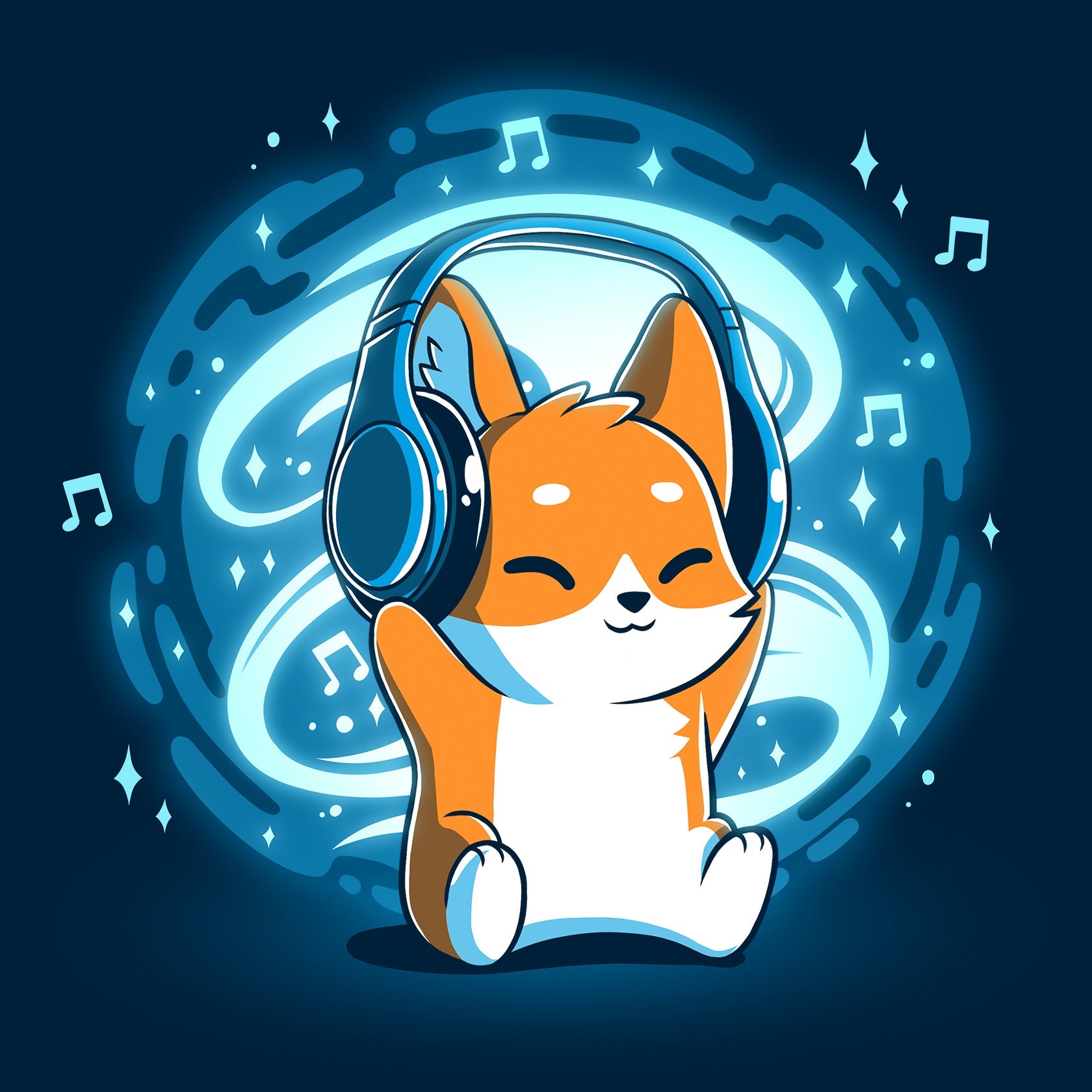 Classic Cotton T-shirt_TeeTurtle Surrounded by Music GLOW navy blue t-shirt featuring a fox wearing headphones sounded by music notes and a glowing orb.