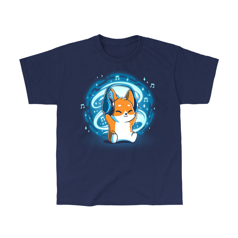 Classic Cotton T-shirt_TeeTurtle Surrounded by Music GLOW navy blue t-shirt featuring a fox wearing headphones sounded by music notes and a glowing orb.