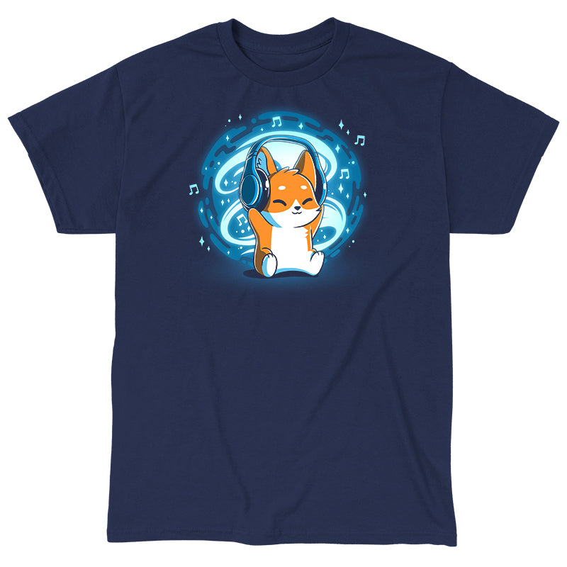 Classic Cotton T-shirt_TeeTurtle Surrounded by Music GLOW navy blue t-shirt featuring a fox wearing headphones sounded by music notes and a glowing orb.