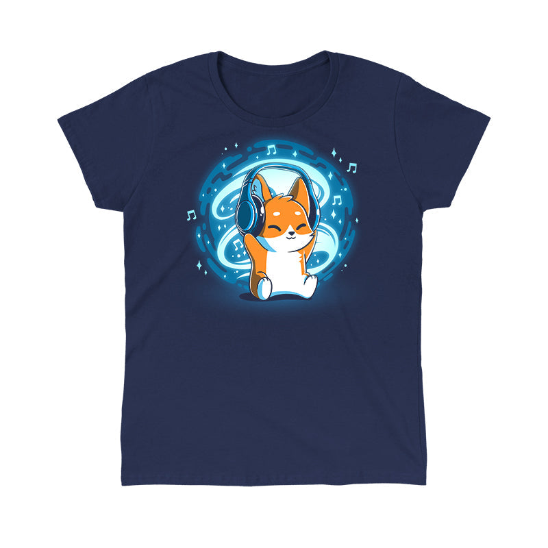 Classic Cotton T-shirt_TeeTurtle Surrounded by Music GLOW navy blue t-shirt featuring a fox wearing headphones sounded by music notes and a glowing orb.