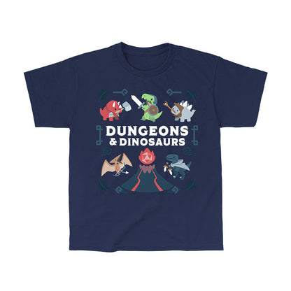 Classic Cotton T-shirt_TeeTurtle Dungeons & Dinosaurs navy blue t-shirt featuring an illustration of a  volcano erupting surrounded by numerous cartoon dinosaurs holding weapons. 