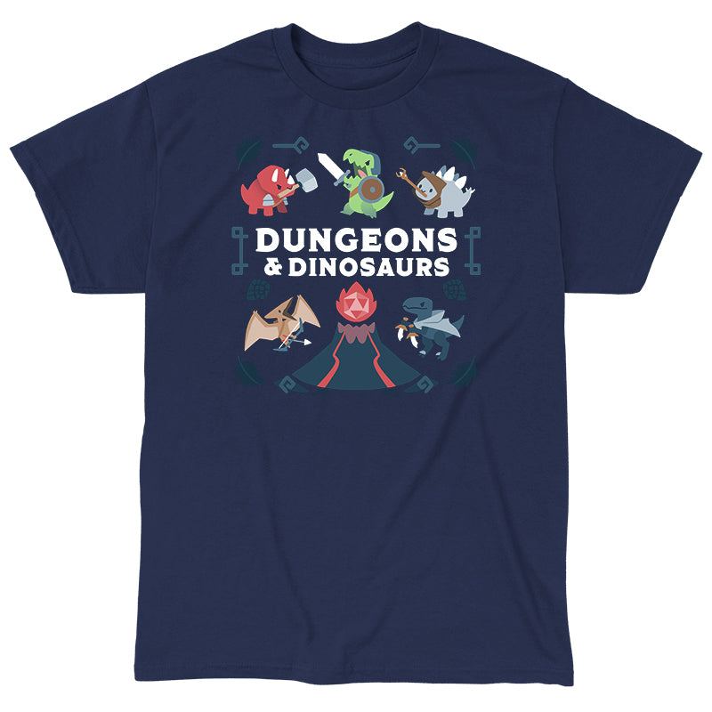 Classic Cotton T-shirt_TeeTurtle Dungeons & Dinosaurs navy blue t-shirt featuring an illustration of a  volcano erupting surrounded by numerous cartoon dinosaurs holding weapons. 