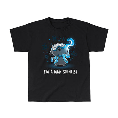 Classic Cotton T-shirt_TeeTurtle Mad Scientist black t-shirt featuring an illustration of a cartoon gray cat smiling evilly wearing safety goggles, a lab coat and a bowtie holding chemistry apparatus surrounded by floating orbs. "I'M A MAD SCIENTIST" is written underneath.  