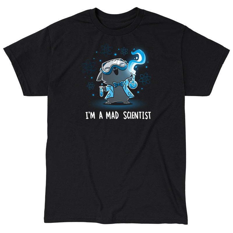 Classic Cotton T-shirt_TeeTurtle Mad Scientist black t-shirt featuring an illustration of a cartoon gray cat smiling evilly wearing safety goggles, a lab coat and a bowtie holding chemistry apparatus surrounded by floating orbs. "I'M A MAD SCIENTIST" is written underneath.  