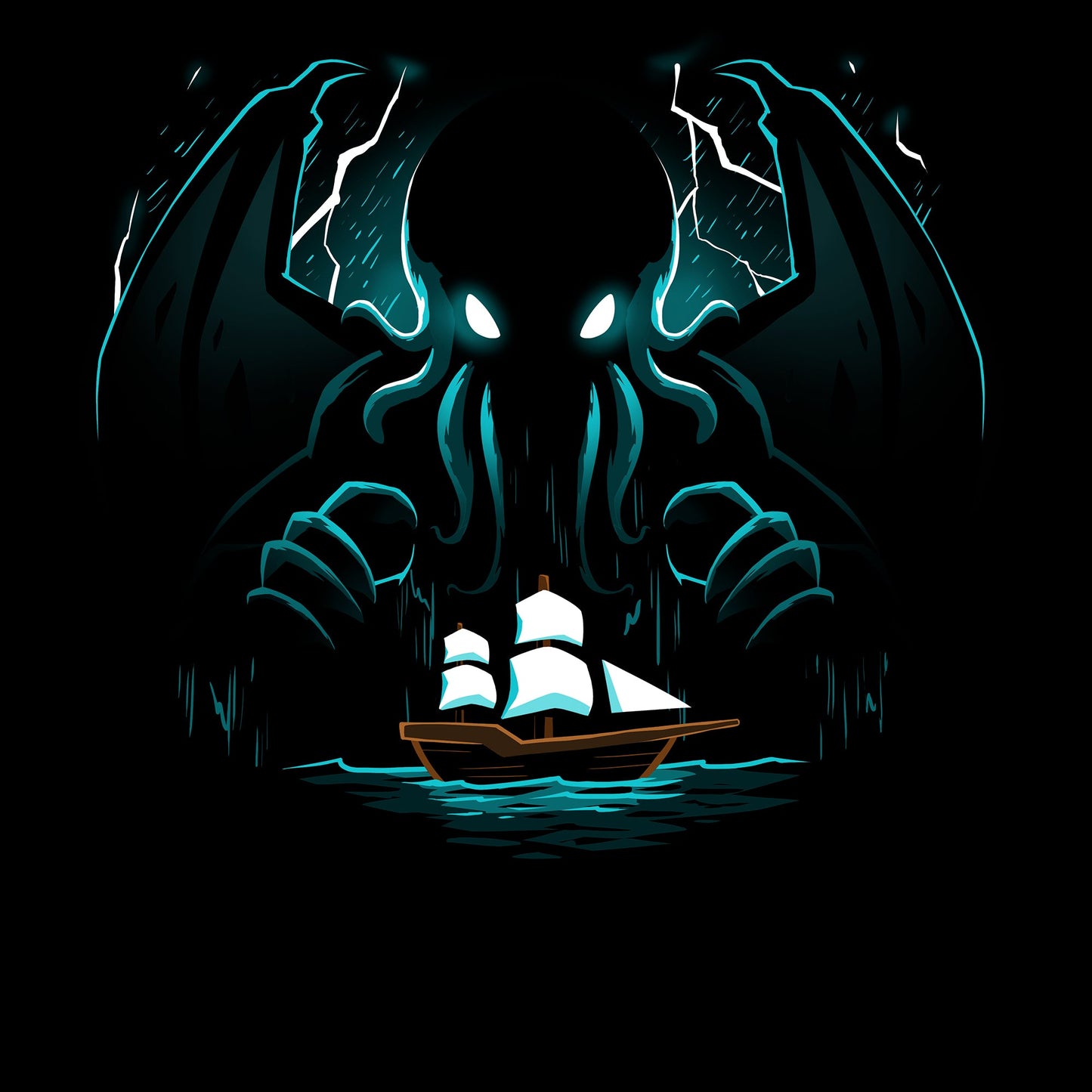 Classic Cotton T-shirt_TeeTurtle Epic Cthulhu black t-shirt featuring the fictional cosmic creature Cthulhu hovering over a brown ship with whites sails in the  in the stormy, dark sea.