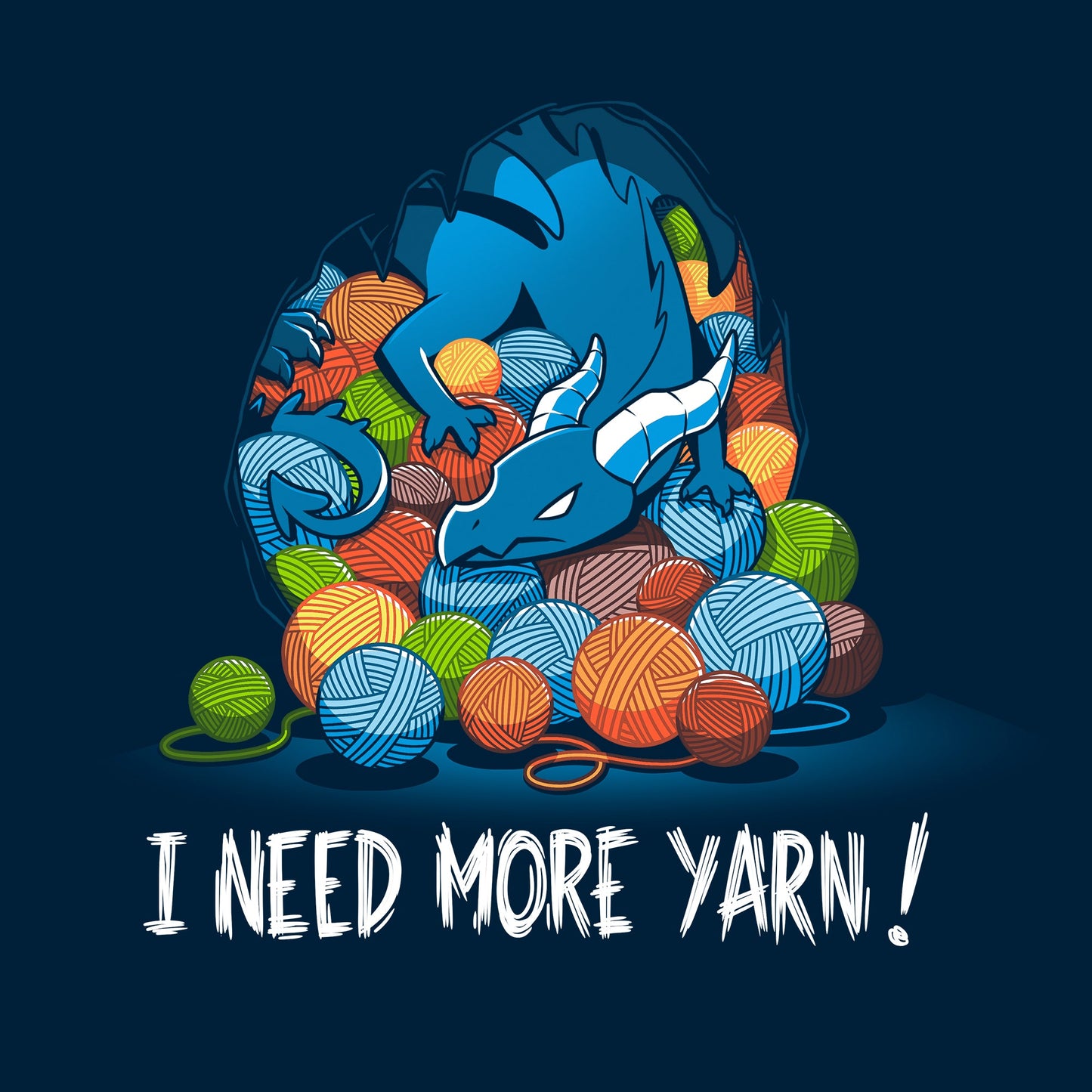 Classic Cotton T-shirt_TeeTurtle Yarn Hoarder navy blue t-shirt featuring a blue dragon sitting on top of a pile of multi-colored yarn balls. The words "I NEED MORE YARN!" are written underneath the illustration.