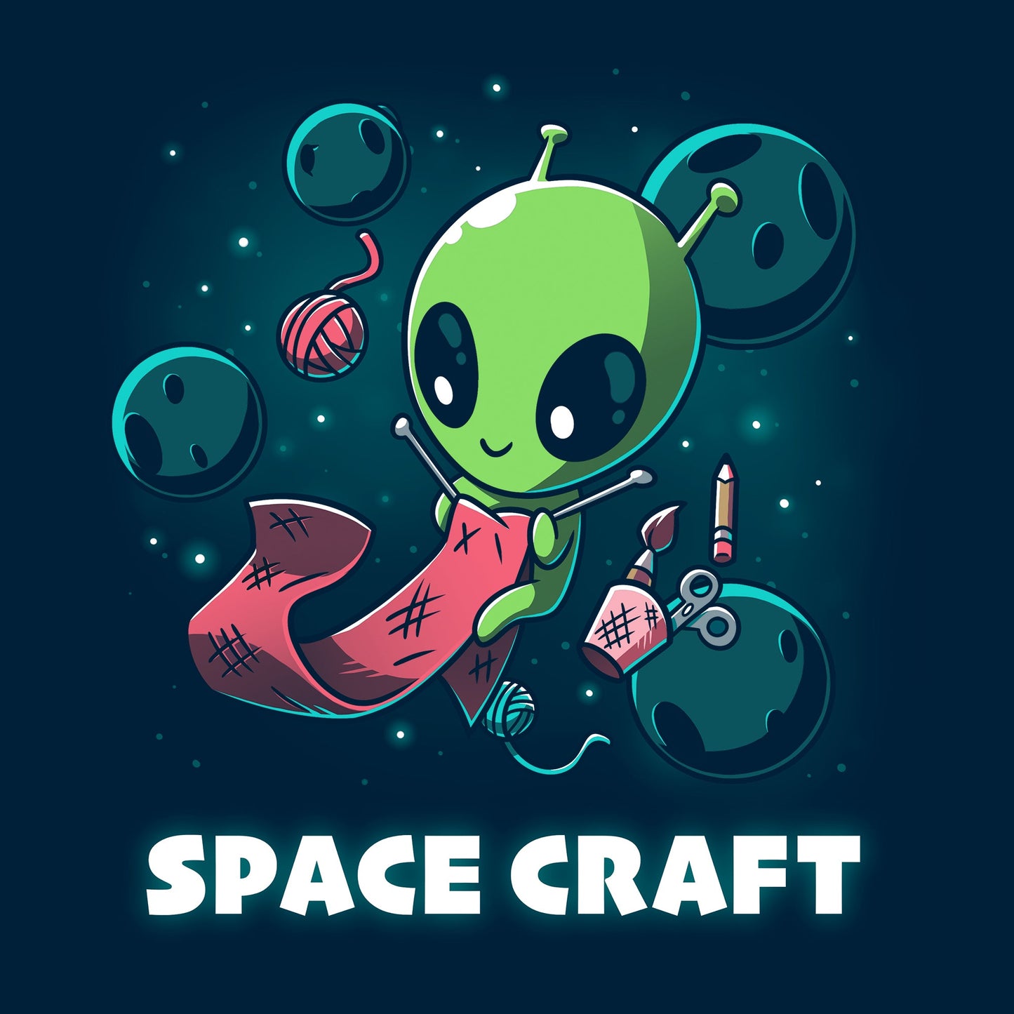 Classic Cotton T-shirt_TeeTurtle Space Craft navy blue t-shirt featuring an illustration of a green alien knitting a red scarf in space surrounded by planets, stars, balls of yarn, and a cup holding scissors, a paint brush and floating pencil. The words "SPACE CRAFT" are written below.