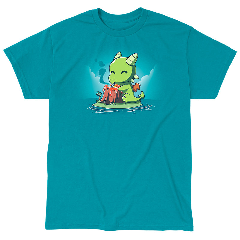 Classic Cotton T-shirt_TeeTurtle Magma Milkshake tropical blue t-shirt featuring an illustration of a green dragon sitting on a small island contently drinking lava from a volcano with a straw.