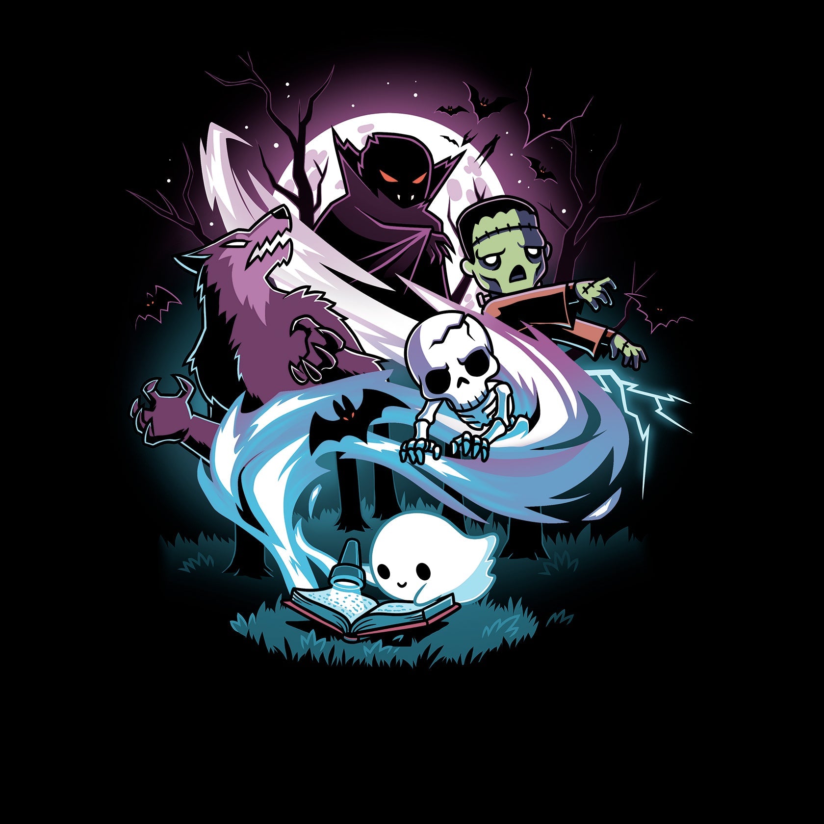 Classic Cotton T-shirt_TeeTurtle Tales of Horror black t-shirt featuring a little ghost reading in the forest by flashlight with a swirl of characters coming out of their book including a werewolf, Frakenstein, a vampire, and a skeleton 